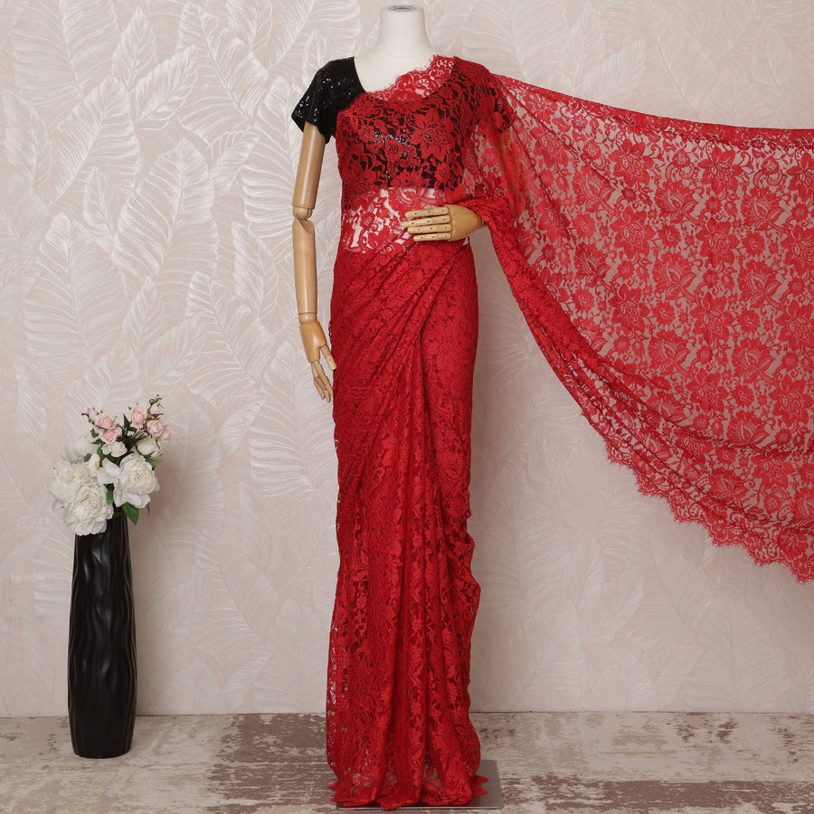 ساري شانتيلي فرنسي فاخر باللون الأحمر الفاتح - 5.5 متر، تصميم زهور، عرض 110 سم - D20746