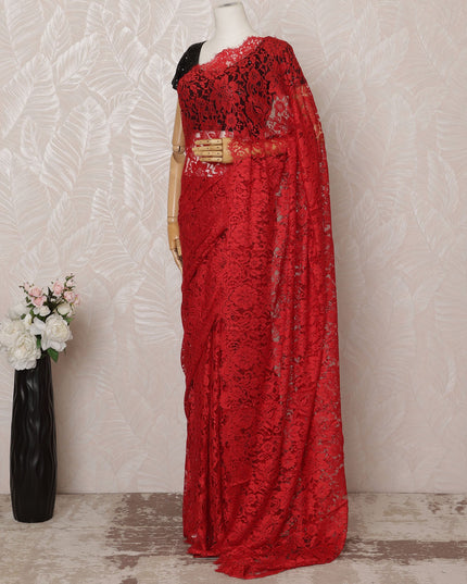 Bright Red Premium French Chantilly Saree Lace - 5.5 Meters, Floral Design, 110 cm Width-D20746