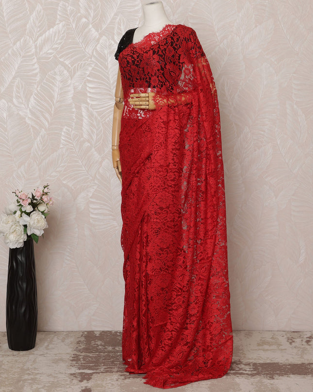 Bright Red Premium French Chantilly Saree Lace - 5.5 Meters, Floral Design, 110 cm Width-D20746