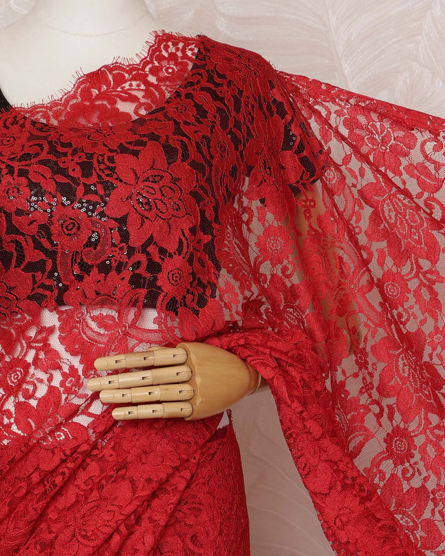 Bright Red Premium French Chantilly Saree Lace - 5.5 Meters, Floral Design, 110 cm Width-D20746