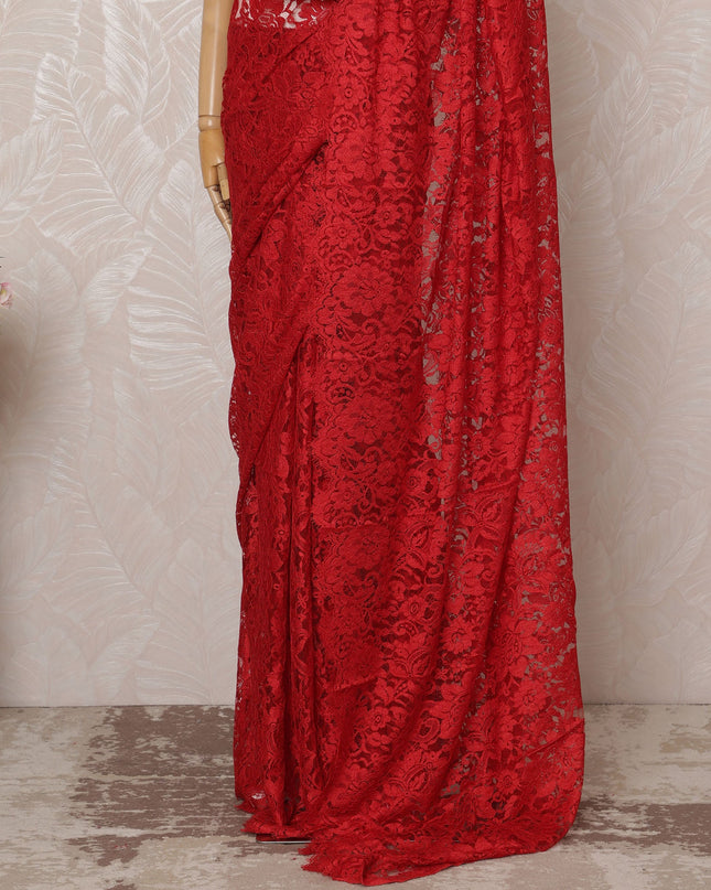 Bright Red Premium French Chantilly Saree Lace - 5.5 Meters, Floral Design, 110 cm Width-D20746