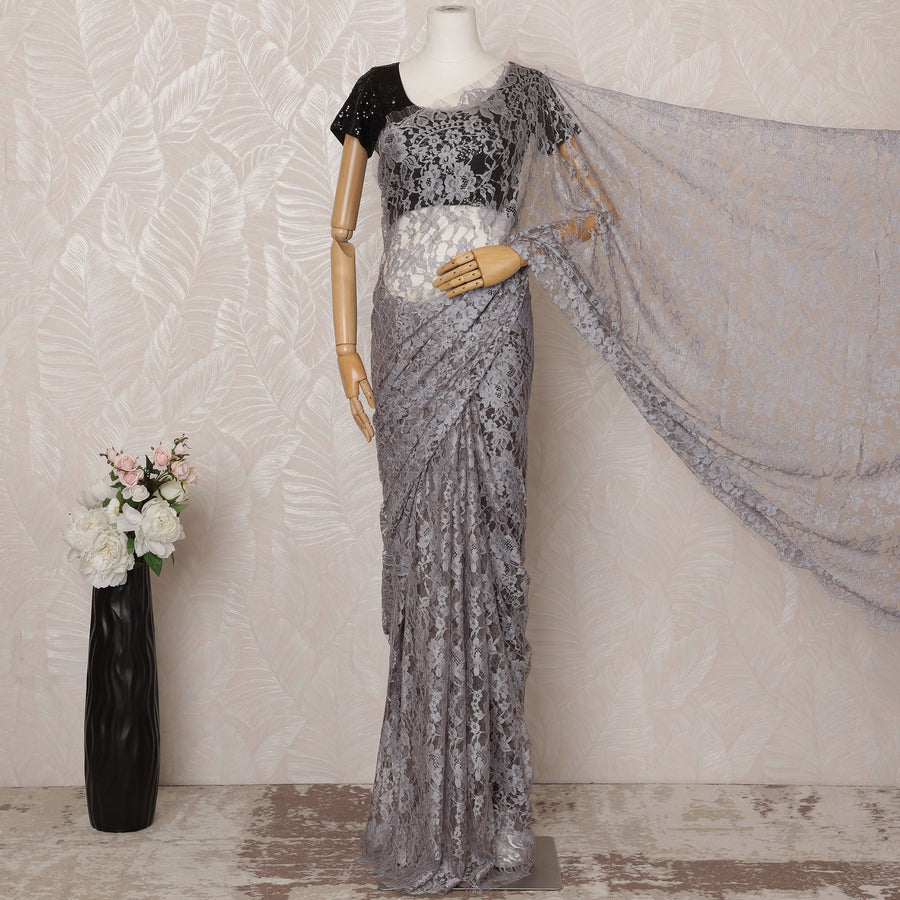Lilac, light brown 2-Tone Premium French Chantilly Saree Lace - 5.5 Meters, Floral Design, 110 cm Width-D20747