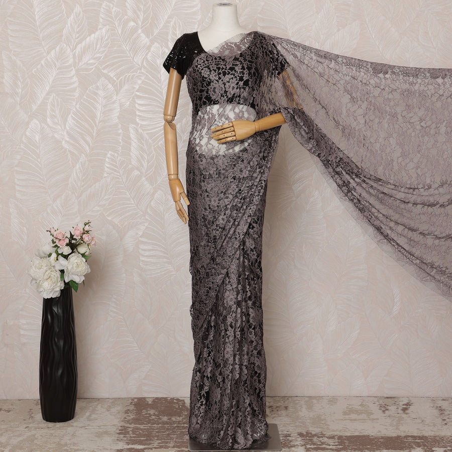 Brown, Black 2-Tone Premium French Chantilly Saree Lace - 5.5 Meters, Floral Design, 110 cm Width-D20748