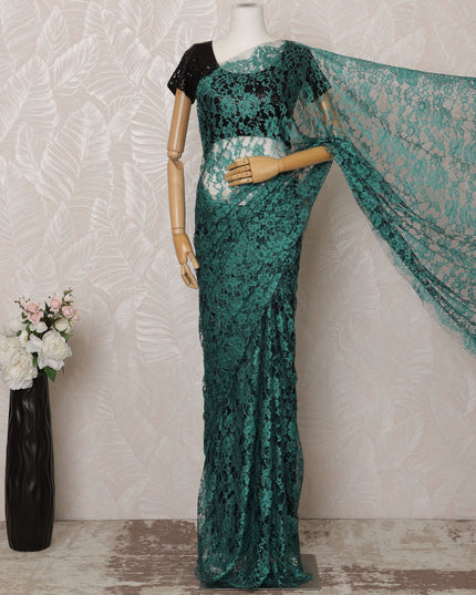 Teal Green, Black 2-Tone Premium French Chantilly Saree Lace - 5.5 Meters, Floral Design, 110 cm Width-D20749