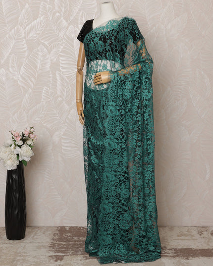 Teal Green, Black 2-Tone Premium French Chantilly Saree Lace - 5.5 Meters, Floral Design, 110 cm Width-D20749