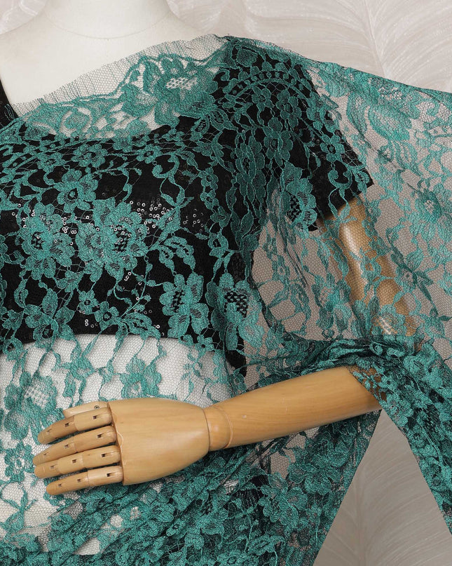 Teal Green, Black 2-Tone Premium French Chantilly Saree Lace - 5.5 Meters, Floral Design, 110 cm Width-D20749