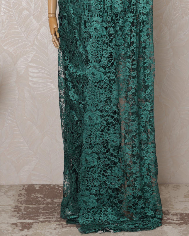 Teal Green, Black 2-Tone Premium French Chantilly Saree Lace - 5.5 Meters, Floral Design, 110 cm Width-D20749