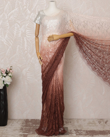 Brown and Peach Ombre Premium French Chantilly Saree Lace - 5.5 Meters, Floral Design, 110 cm Width-D20751