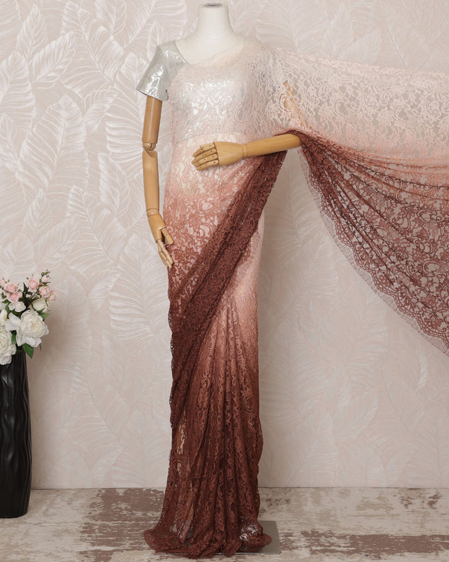 Brown and Peach Ombre Premium French Chantilly Saree Lace - 5.5 Meters, Floral Design, 110 cm Width-D20751