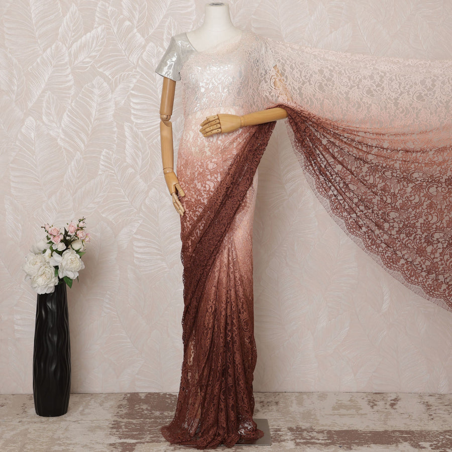 ساري شانتيلي فرنسي فاخر باللون البني والخوخي مع دانتيل - 5.5 متر، تصميم زهور، عرض 110 سم - D20751