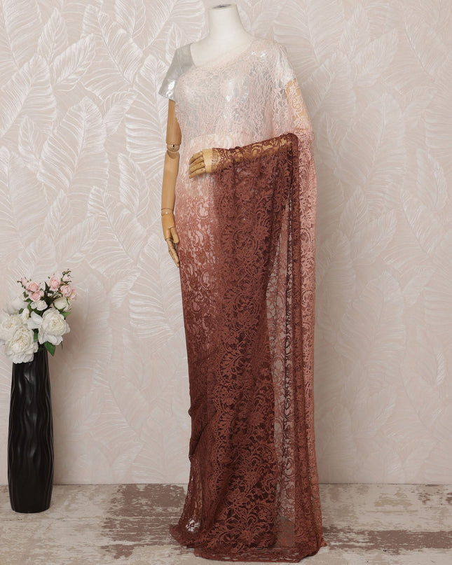 Brown and Peach Ombre Premium French Chantilly Saree Lace - 5.5 Meters, Floral Design, 110 cm Width-D20751