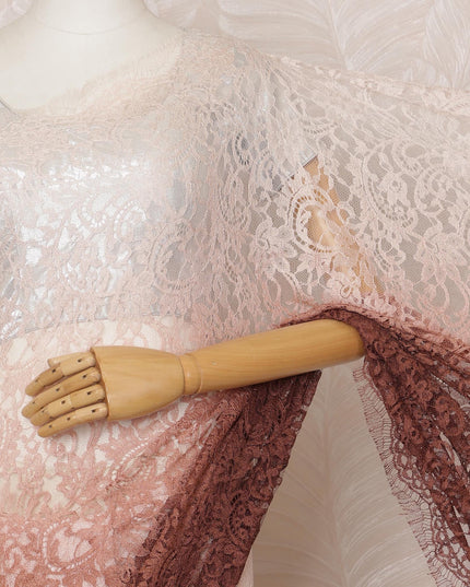 Brown and Peach Ombre Premium French Chantilly Saree Lace - 5.5 Meters, Floral Design, 110 cm Width-D20751