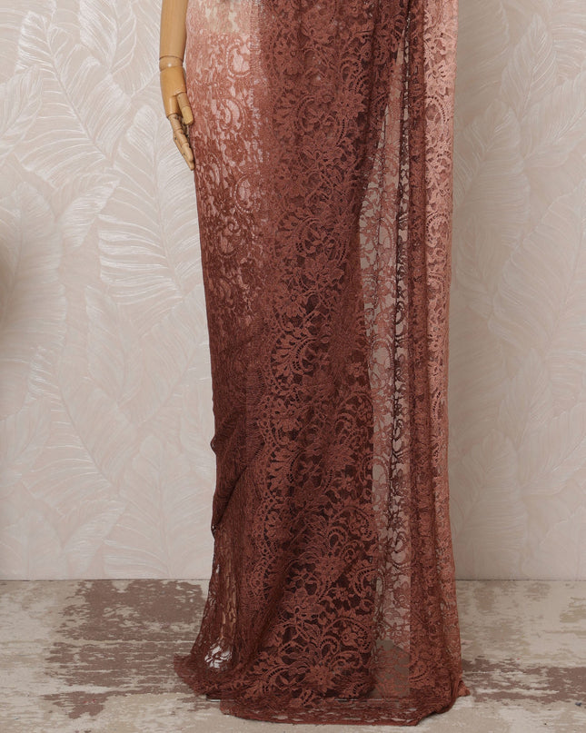 Brown and Peach Ombre Premium French Chantilly Saree Lace - 5.5 Meters, Floral Design, 110 cm Width-D20751