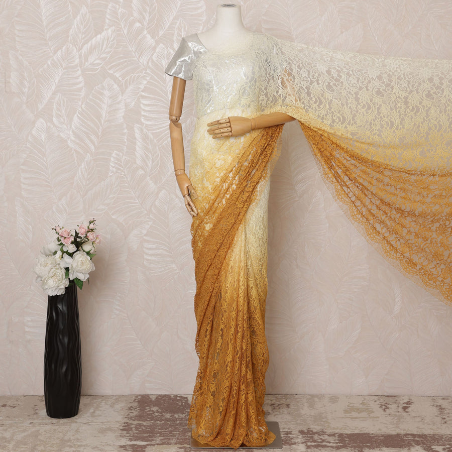 Golden Yellow and Ivory Ombre Premium French Chantilly Saree Lace - 5.5 Meters, Floral Design, 110 cm Width-D20752