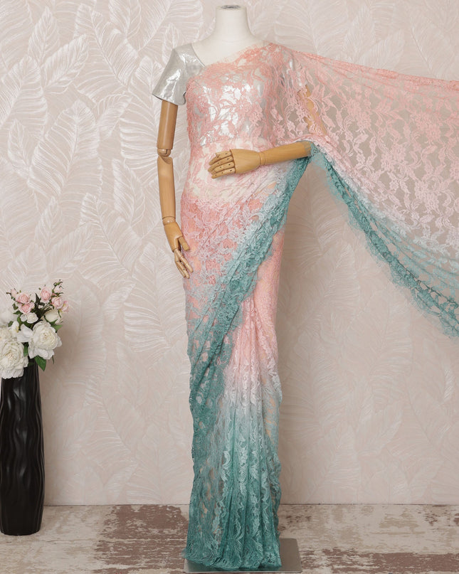 Peach and Mint Green Ombre Premium French Chantilly Saree Lace - 5.5 Meters, Floral Design, 110 cm Width-D20753