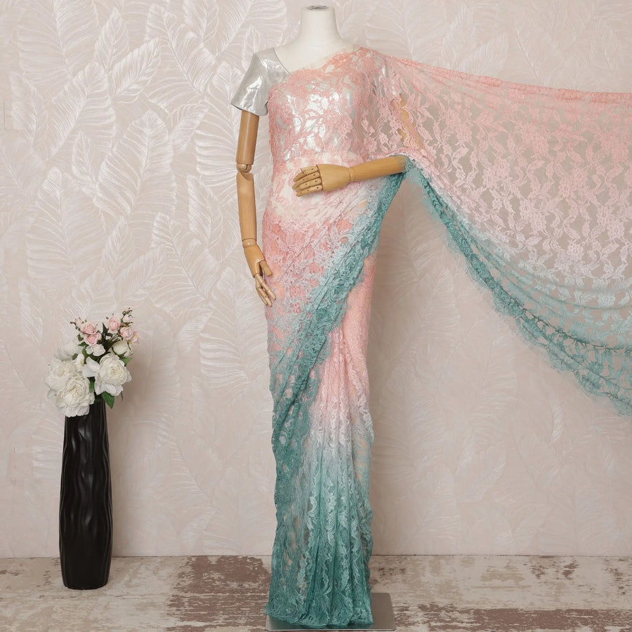Peach and Mint Green Ombre Premium French Chantilly Saree Lace - 5.5 Meters, Floral Design, 110 cm Width-D20753 Regal Fabrics