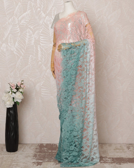 Peach and Mint Green Ombre Premium French Chantilly Saree Lace - 5.5 Meters, Floral Design, 110 cm Width-D20753