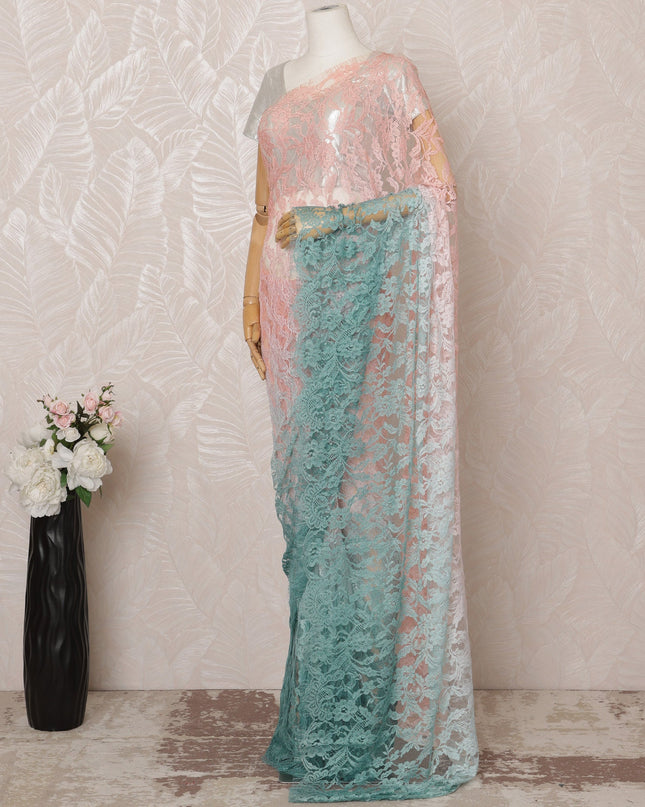 Peach and Mint Green Ombre Premium French Chantilly Saree Lace - 5.5 Meters, Floral Design, 110 cm Width-D20753