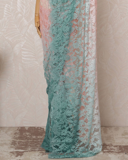 Peach and Mint Green Ombre Premium French Chantilly Saree Lace - 5.5 Meters, Floral Design, 110 cm Width-D20753