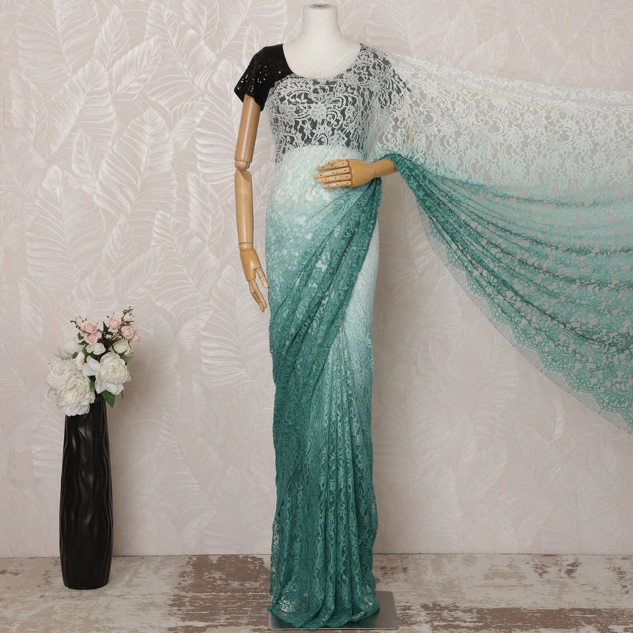 Mint Green and Teal Ombre Premium French Chantilly Saree Lace - 5.5 Meters, Floral Design, 110 cm Width-D20755 Regal Fabrics