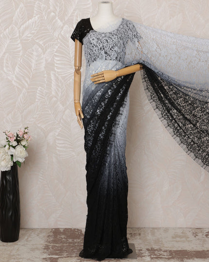 Black and Gray Ombre Premium French Chantilly Saree Lace - 5.5 Meters, Floral Design, 110 cm Width-D20760