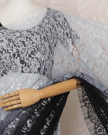 Black and Gray Ombre Premium French Chantilly Saree Lace - 5.5 Meters, Floral Design, 110 cm Width-D20760