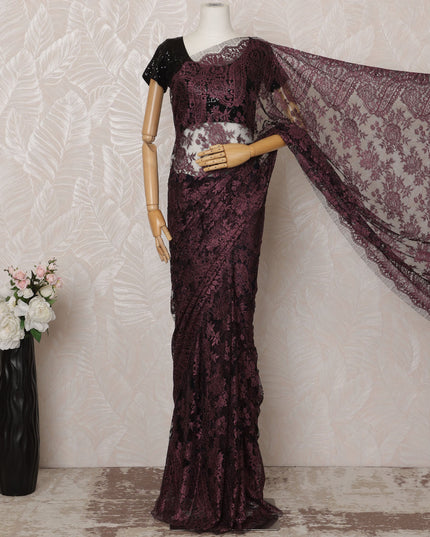 Burgundy Metallic Premium French Chantilly Saree Lace - 5.5 Meters, Floral Design, 110 cm Width-D20761