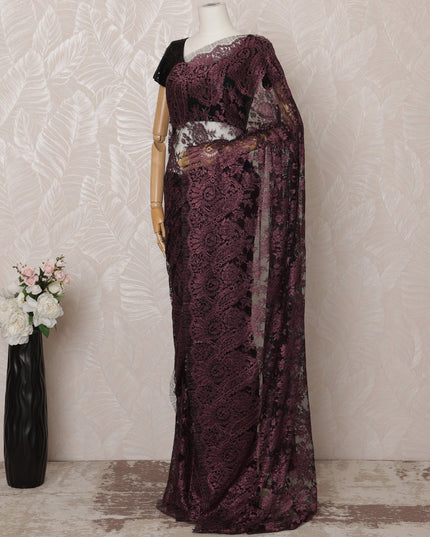 Burgundy Metallic Premium French Chantilly Saree Lace - 5.5 Meters, Floral Design, 110 cm Width-D20761