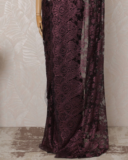 Burgundy Metallic Premium French Chantilly Saree Lace - 5.5 Meters, Floral Design, 110 cm Width-D20761