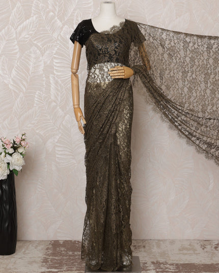 Olive Green Metallic Premium French Chantilly Saree Lace - 5.5 Meters, Floral Design, 110 cm Width-D20762