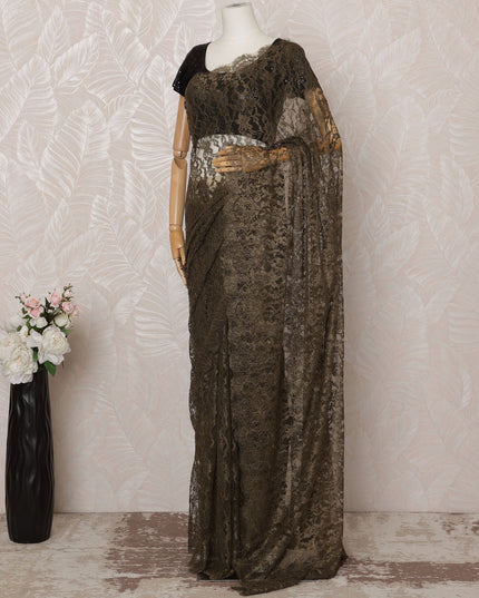 Olive Green Metallic Premium French Chantilly Saree Lace - 5.5 Meters, Floral Design, 110 cm Width-D20762