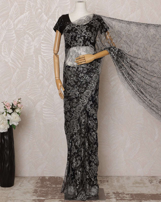 Black and Silver Metallic Premium French Chantilly Saree Lace - 5.5 Meters, Floral Design, 110 cm Width-D20763