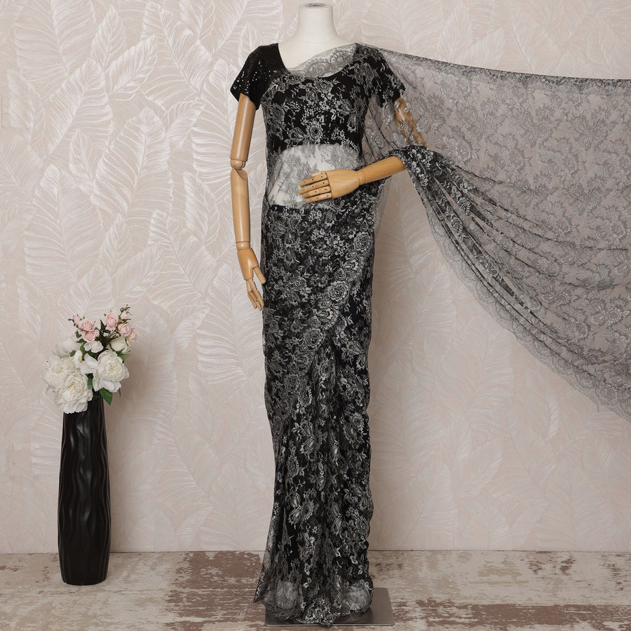 Black and Silver Metallic Premium French Chantilly Saree Lace - 5.5 Meters, Floral Design, 110 cm Width-D20763