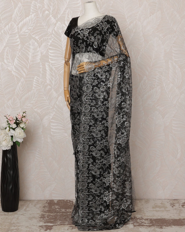 Black and Silver Metallic Premium French Chantilly Saree Lace - 5.5 Meters, Floral Design, 110 cm Width-D20763