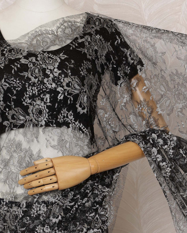 Black and Silver Metallic Premium French Chantilly Saree Lace - 5.5 Meters, Floral Design, 110 cm Width-D20763