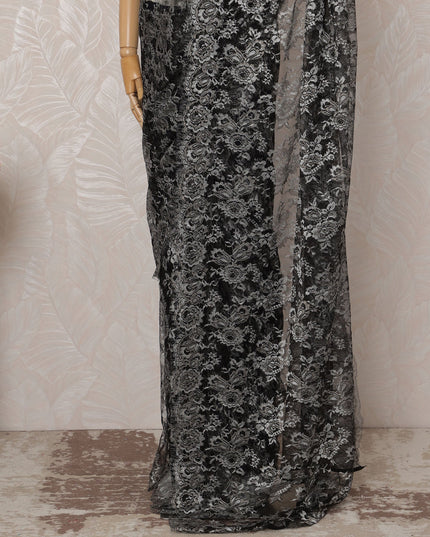 Black and Silver Metallic Premium French Chantilly Saree Lace - 5.5 Meters, Floral Design, 110 cm Width-D20763