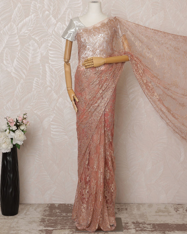 Blush Pink Metallic Premium French Chantilly Saree Lace - 5.5 Meters, Floral Design, 110 cm Width-D20764