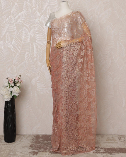 Blush Pink Metallic Premium French Chantilly Saree Lace - 5.5 Meters, Floral Design, 110 cm Width-D20764