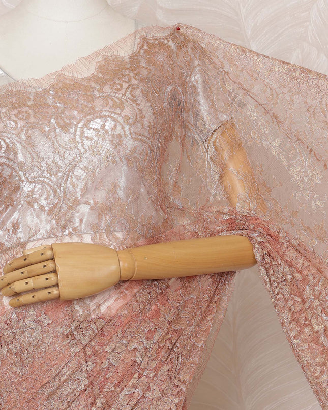 Blush Pink Metallic Premium French Chantilly Saree Lace - 5.5 Meters, Floral Design, 110 cm Width-D20764