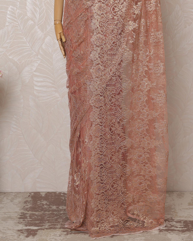 Blush Pink Metallic Premium French Chantilly Saree Lace - 5.5 Meters, Floral Design, 110 cm Width-D20764