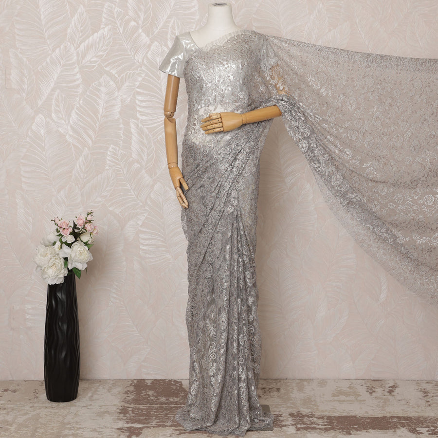 Silver Metallic Premium French Chantilly Saree Lace - 5.5 Meters, Floral Design, 110 cm Width-D20765