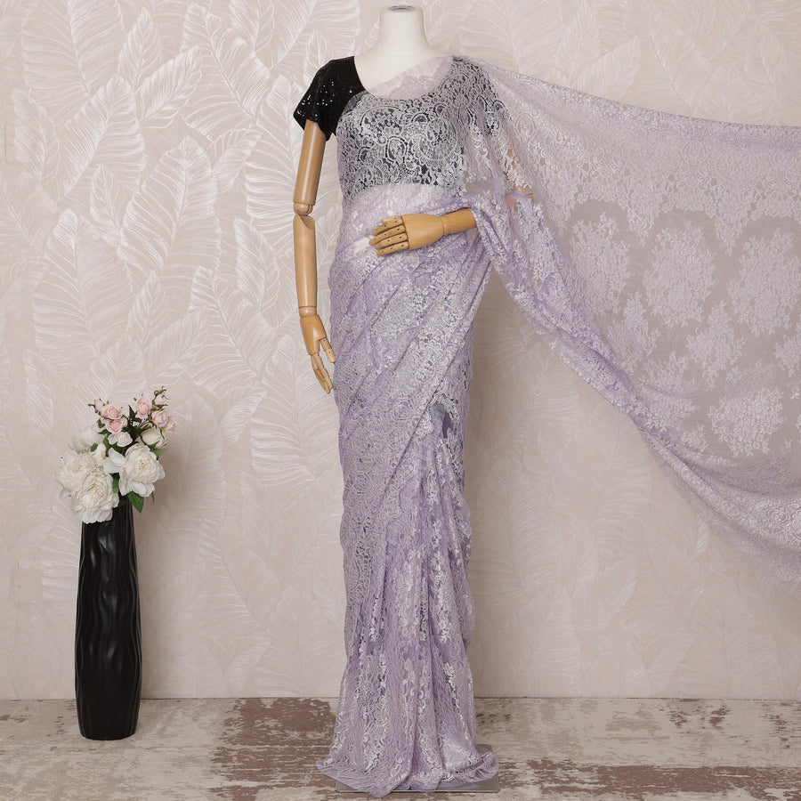 Lavender Metallic Premium French Chantilly Saree Lace - 5.5 Meters, Floral Design, 110 cm Width-D20766