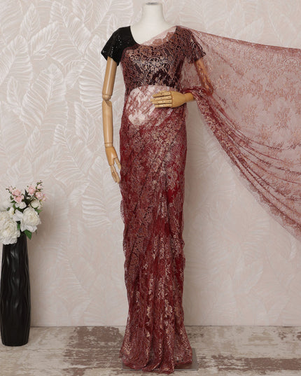 Maroon Metallic Premium French Chantilly Saree Lace - 5.5 Meters, Floral Design, 110 cm Width-D20767