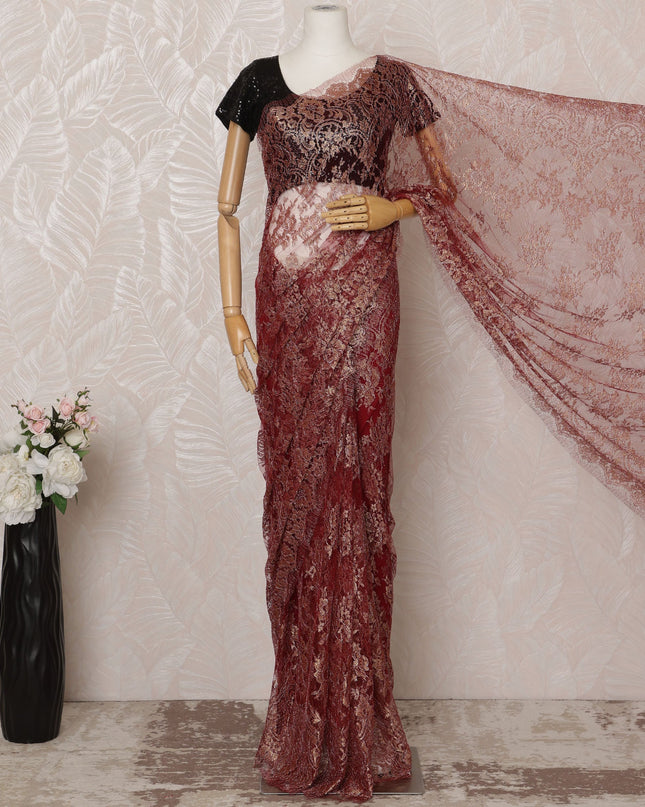 Maroon Metallic Premium French Chantilly Saree Lace - 5.5 Meters, Floral Design, 110 cm Width-D20767