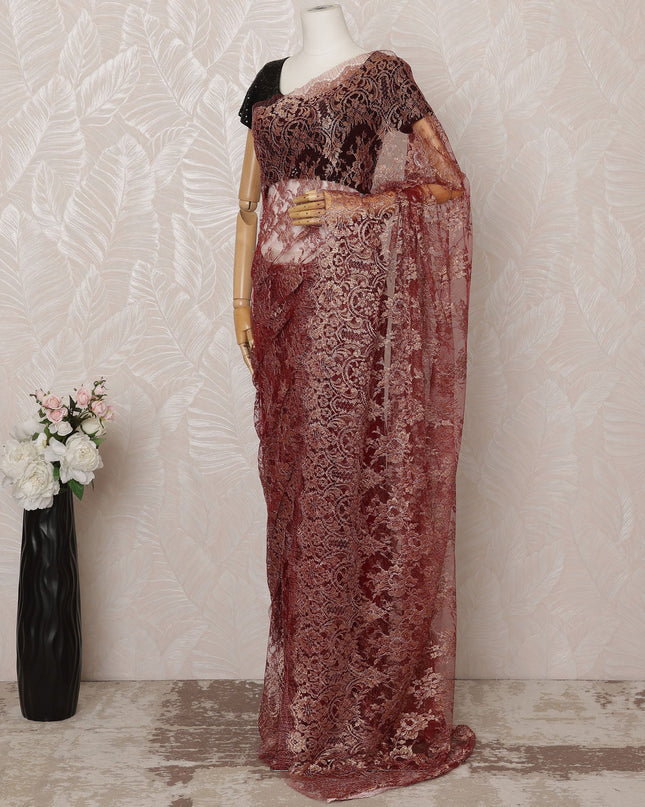 Maroon Metallic Premium French Chantilly Saree Lace - 5.5 Meters, Floral Design, 110 cm Width-D20767