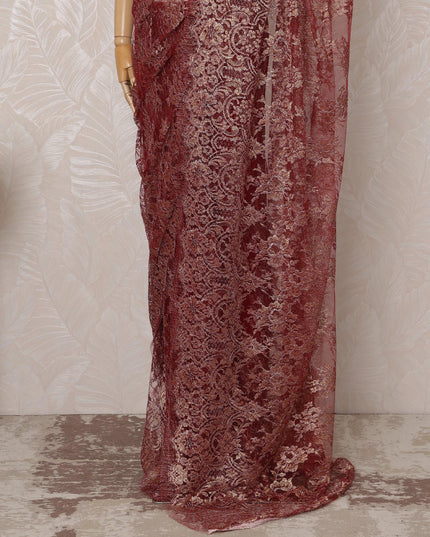 Maroon Metallic Premium French Chantilly Saree Lace - 5.5 Meters, Floral Design, 110 cm Width-D20767