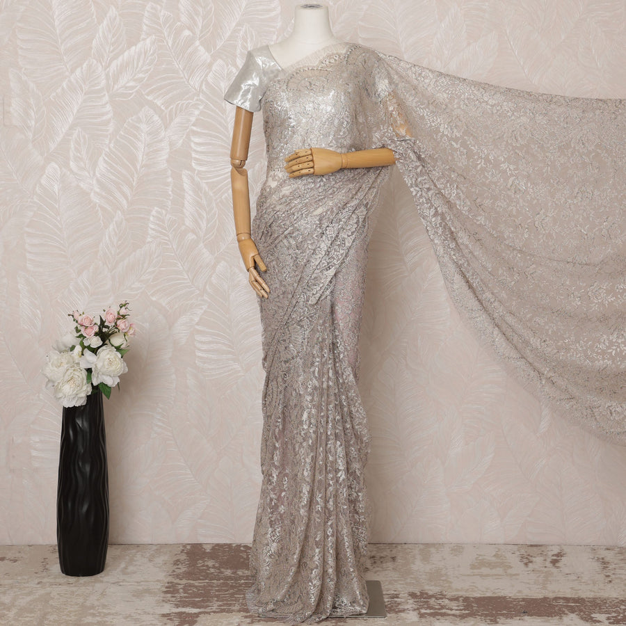 Light pink Metallic Premium French Chantilly Saree Lace - 5.5 Meters, Floral Design, 110 cm Width-D20768