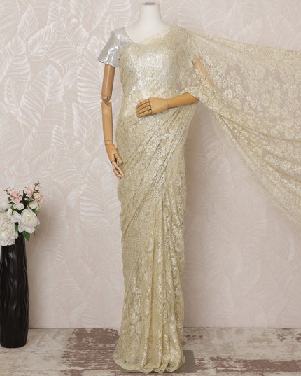 Light Gold Metallic Premium French Chantilly Saree Lace - 5.5 Meters, Floral Design, 110 cm Width-D20770