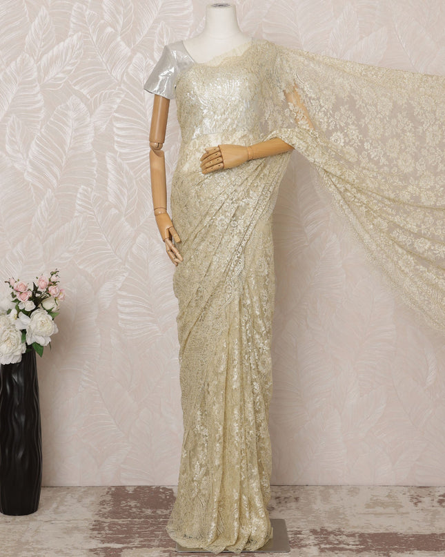 Light Gold Metallic Premium French Chantilly Saree Lace - 5.5 Meters, Floral Design, 110 cm Width-D20770