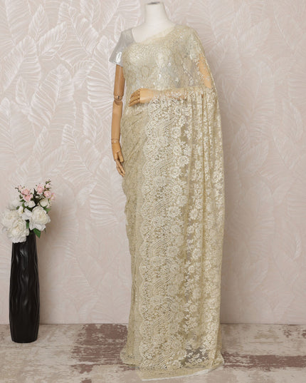 Light Gold Metallic Premium French Chantilly Saree Lace - 5.5 Meters, Floral Design, 110 cm Width-D20770